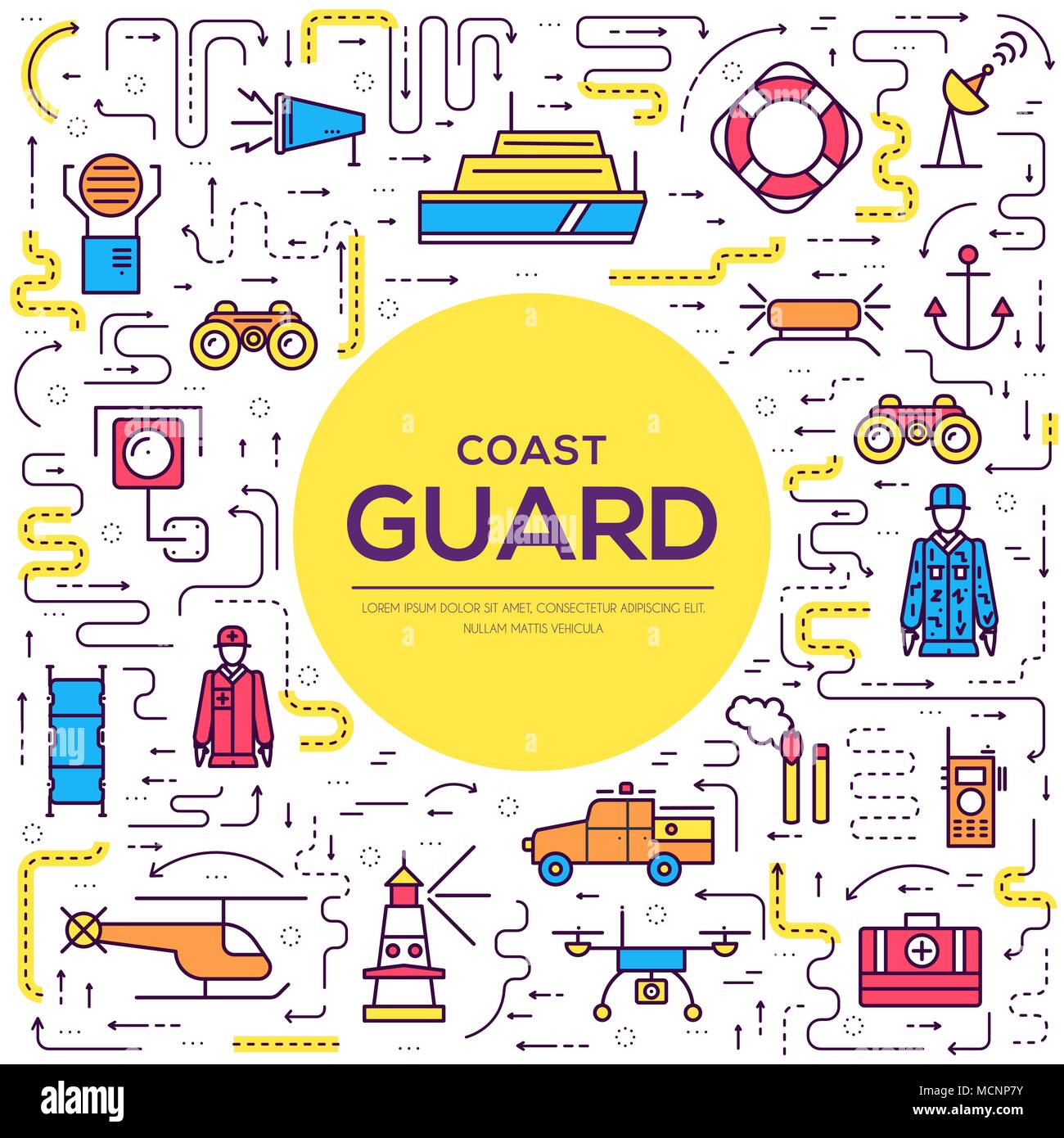 Coast Guard Tag illustration Vektor Kontur Icon Set. Dünne Linie die ...