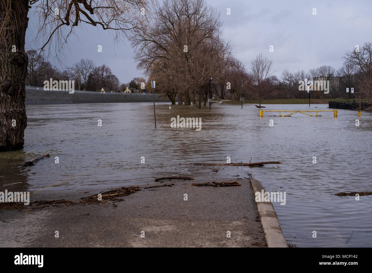 Harris Park, London. 17 Apr, 2018. UK Wetter: Die Themse setzt seine Banken in Harris Park zu versagen, da die erhöhten Wasserstände bilden Sie so den Fluss hinunter in London, Ontario. Am 17. April 2018. Credit: Mark Spowart/Alamy leben Nachrichten Stockfoto