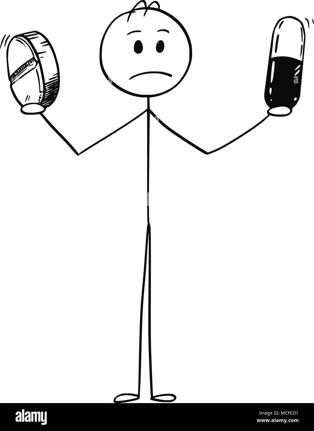 Cartoon von traurig, krank oder depressiv Mann oder Geschäftsmann halten zwei Pillen Stock Vektor