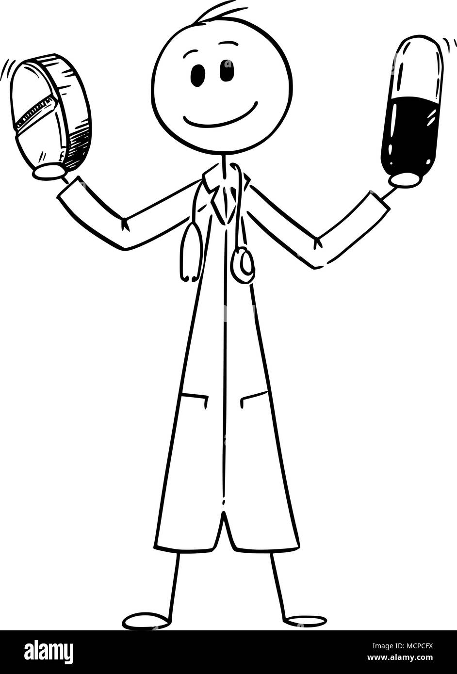 Cartoon von Medizin Arzt hält zwei Pillen Stock Vektor