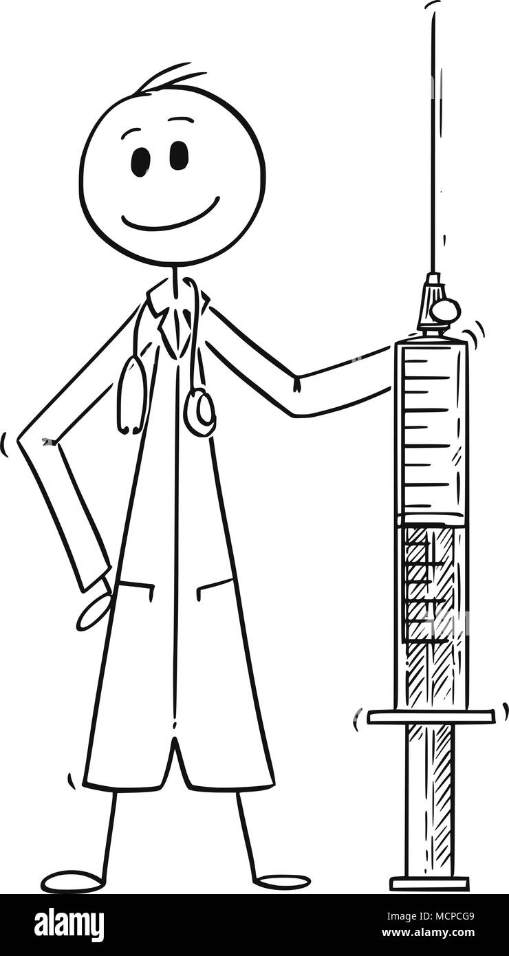 Cartoon von Arzt halten große Spritze Stock Vektor