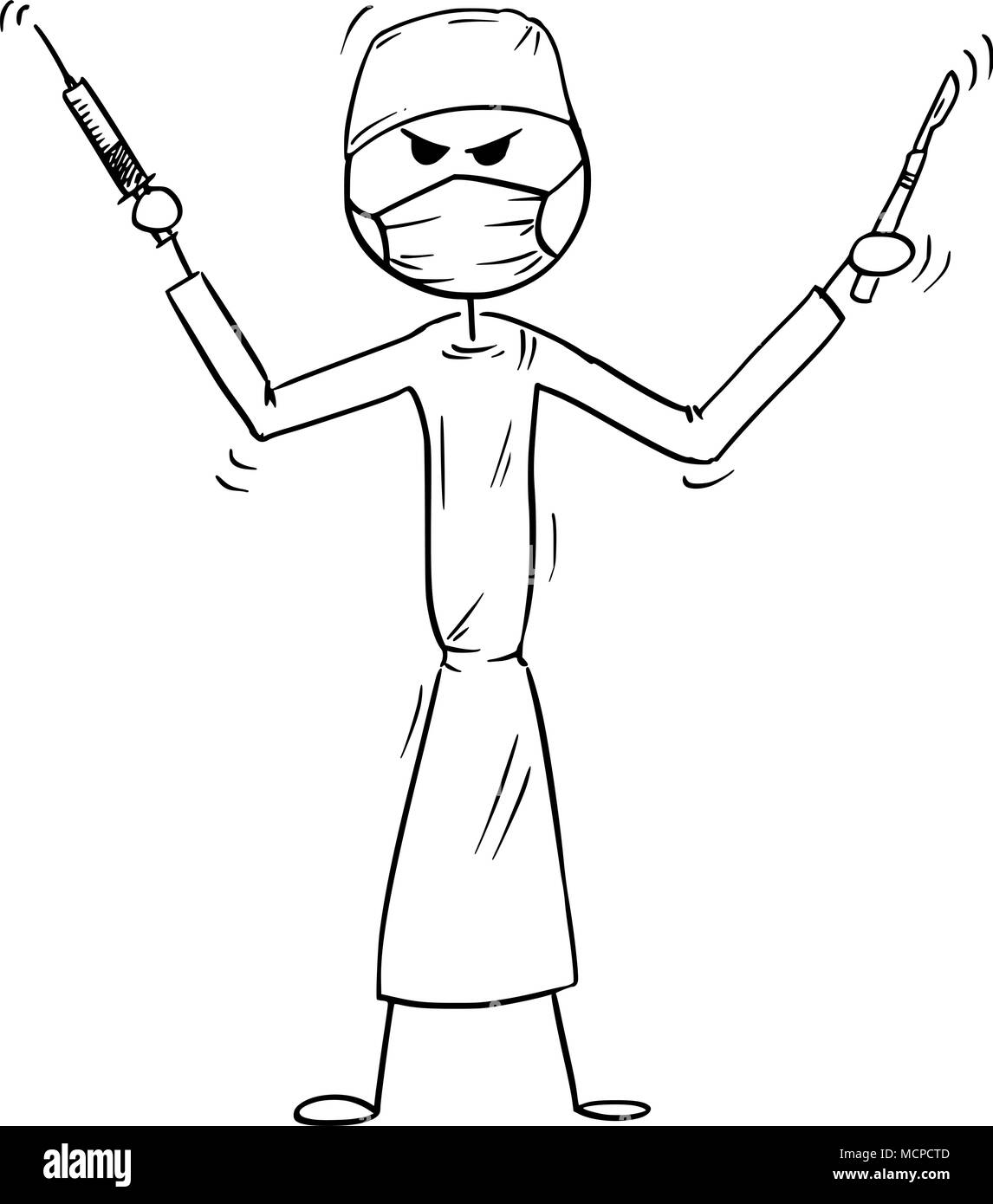 Cartoon von verrückt, verrückt oder wahnsinnig Arzt Chirurg Holding Skalpell und Spritze Stock Vektor
