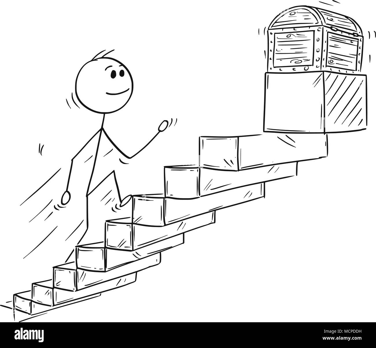 Cartoon der Unternehmer läuft die Treppe hinauf oder Treppe für Schatztruhe Stock Vektor
