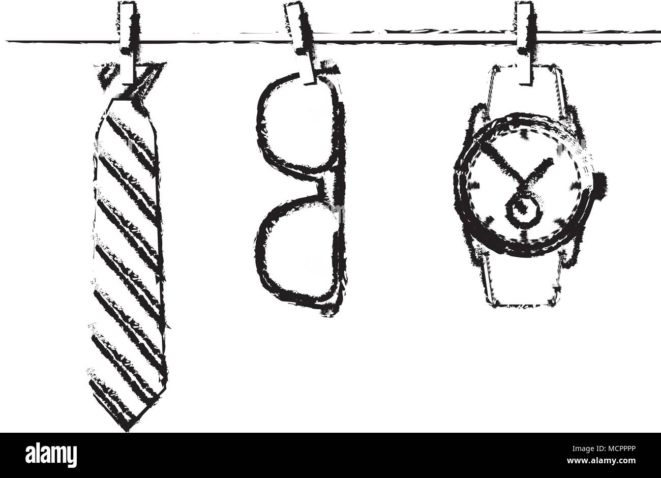 Krawatte Sonnenbrille und Armbanduhr im Seil hängend Stock Vektor