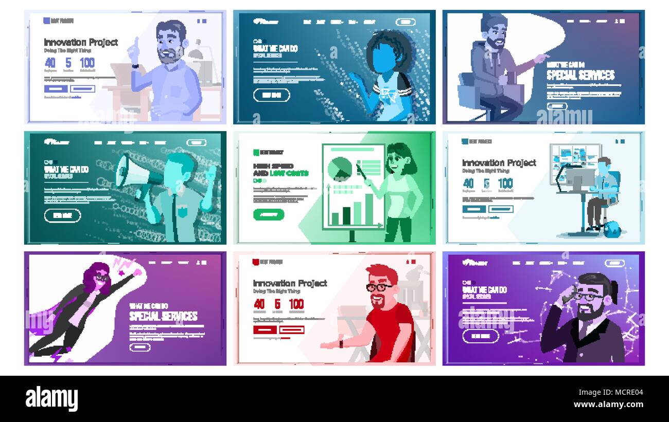 Web site Design Schablone Vektor. Business Interface. Reaktionsschnelle Banner Schnittstelle Architektur. Landing Page, Web Site. Professionelles Team. Innovation Idee. Cartoon Menschen. Abbildung: Stock Vektor