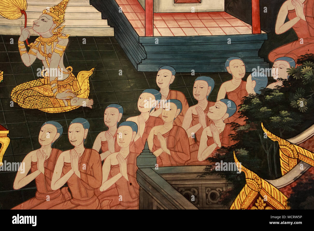 Detail der Wandgemälde im Wat Pho Tempel, Bangkok, Thailand Stockfoto