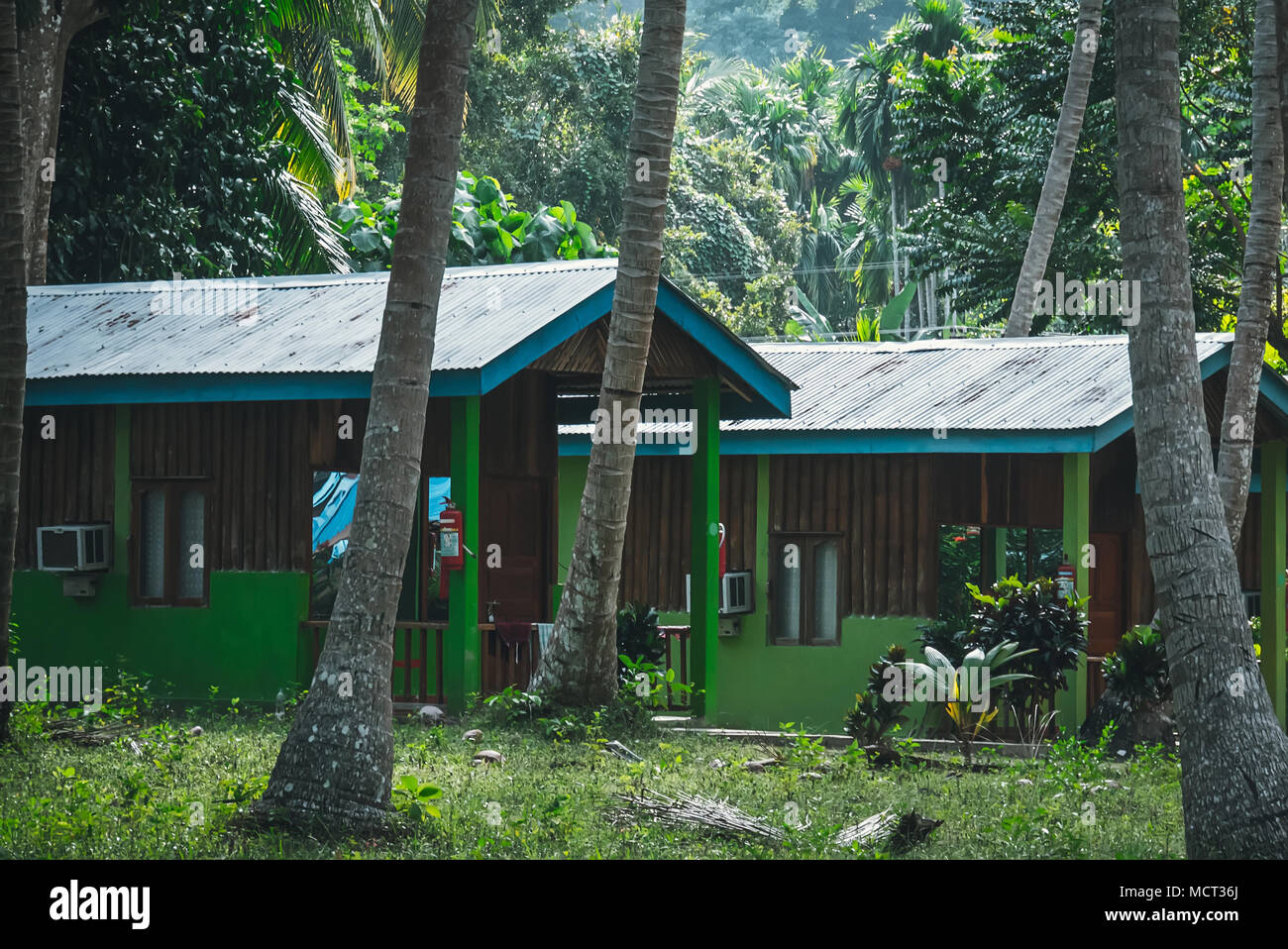 Wohnung in der indischen Provinz. Hof, Palm Grove, Haus und das Haus service Indischen Armut. Häuser im Wald der Palmen Stockfoto