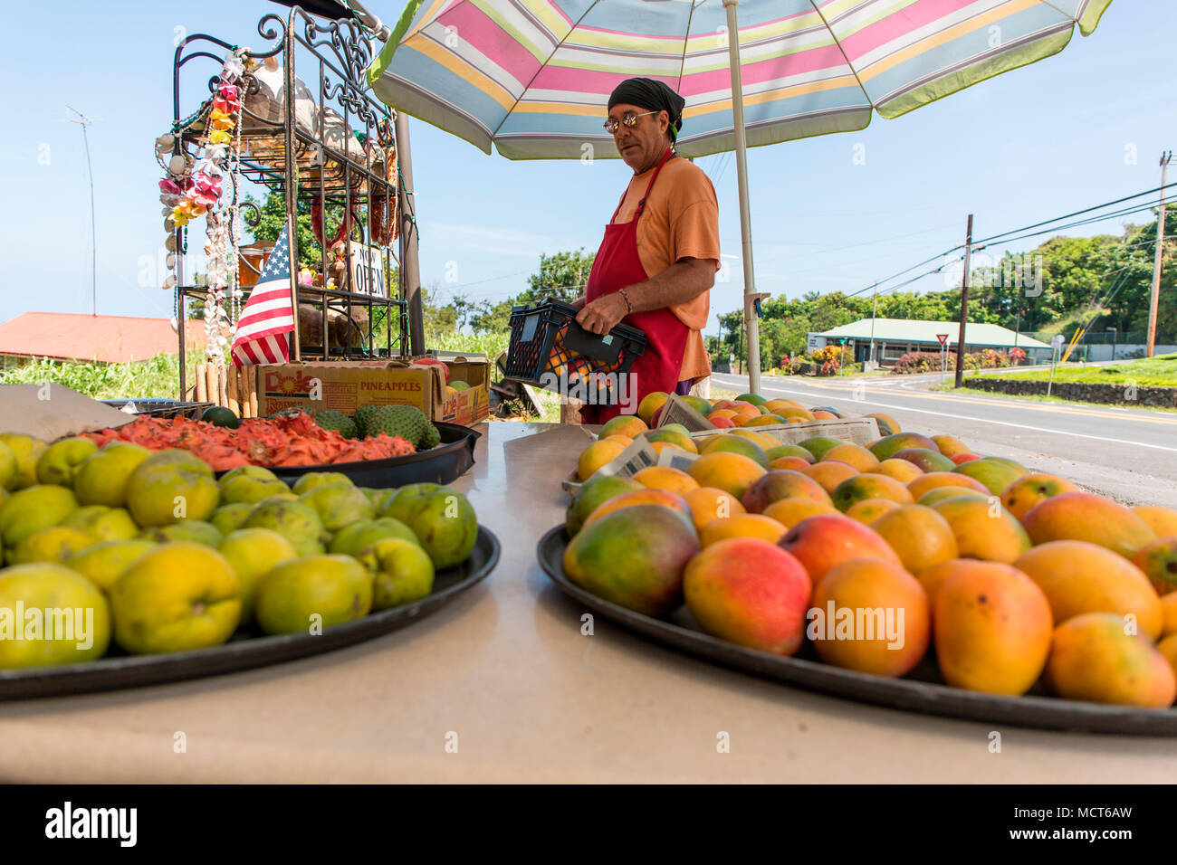 Die Leute schauen auf frischen Früchten, wie Mangos, vor einem offenen Markt und Obst stehen auf der Seite der Straße in der Nähe von Kona, Hawaii, auf der grossen Insel. Stockfoto