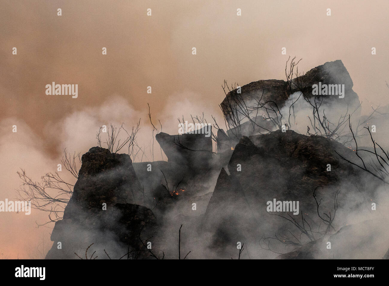 Maceda, Galicien/Spanien - 16.Oktober 2017: Waldbrand. Stockfoto