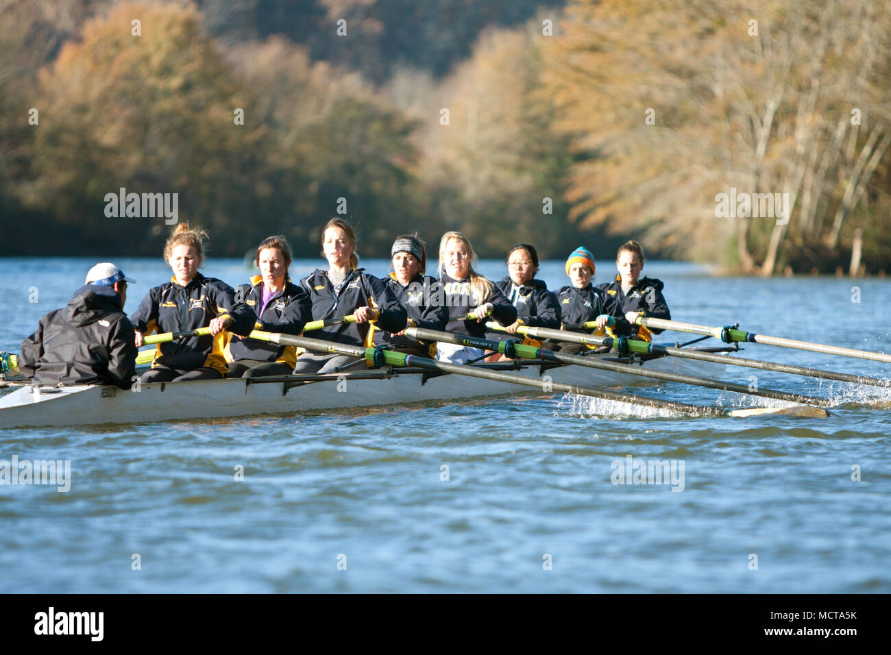 Mannschaft Mannschaft der Frauen von der Emory Universität Zeilen nach unten den Chattahoochee River für die kommenden Rennen am 22. November zu warm, 2014 in Atlanta, GA. Stockfoto