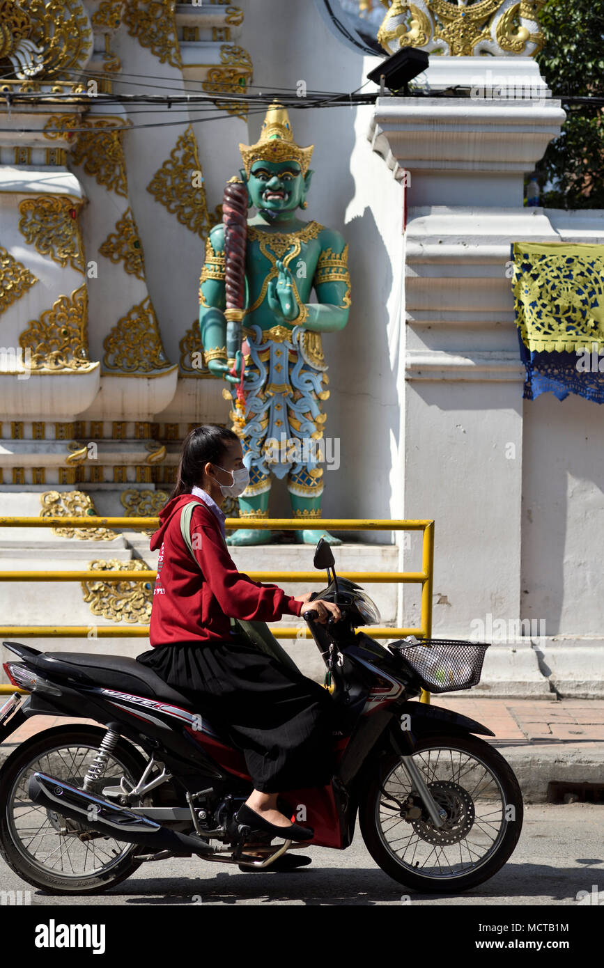 Thai Frau auf dem Motorrad vor dem Eingang zum Tempel Wat Chedi Luang, Chiang Mai, Thailand Stockfoto