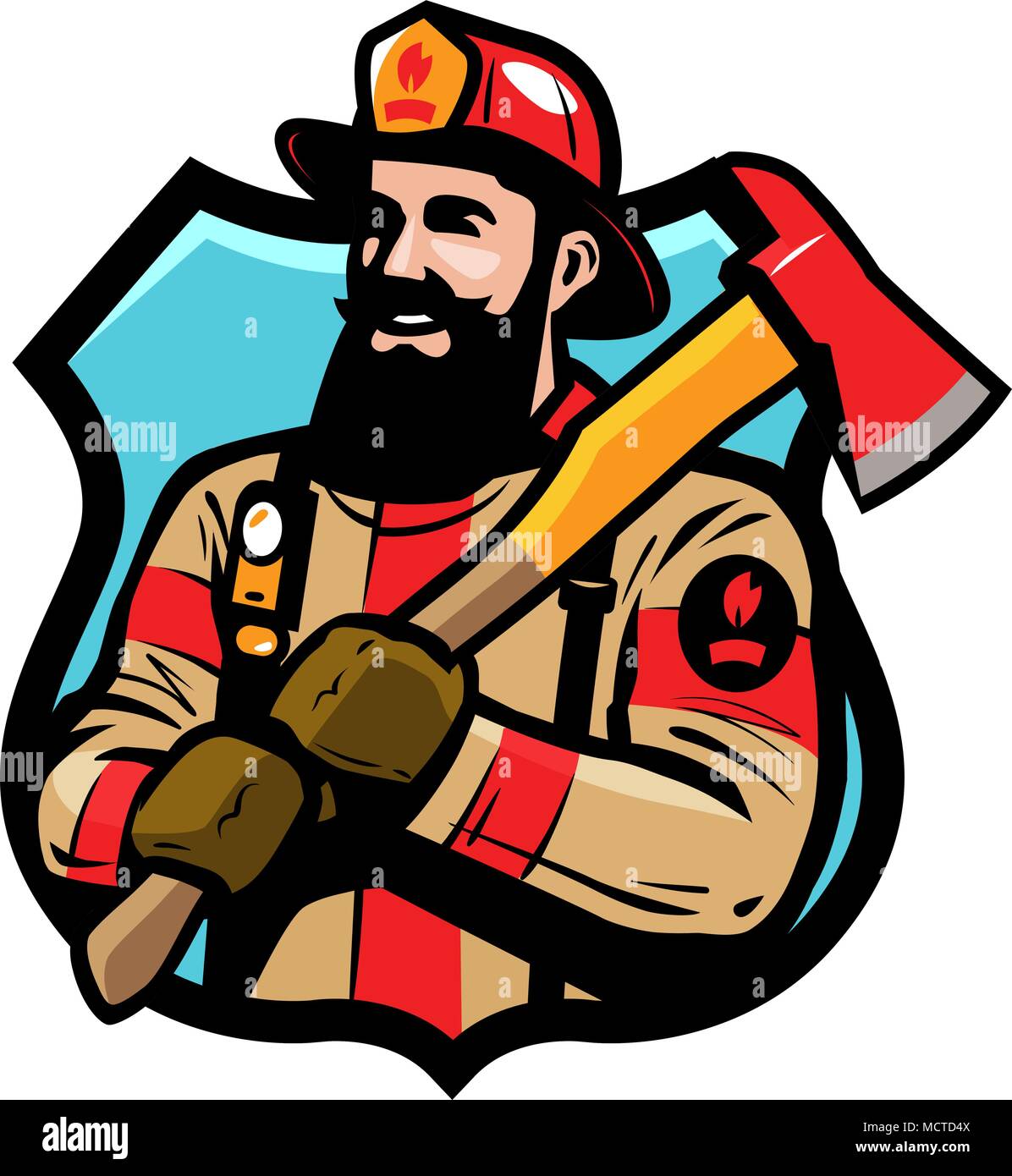 Feuerwehr Logo oder Label. Feuerwehrmann, Feuerwehrmann in Helm hält eine Axt in den Händen. Cartoon Vektor Stock Vektor