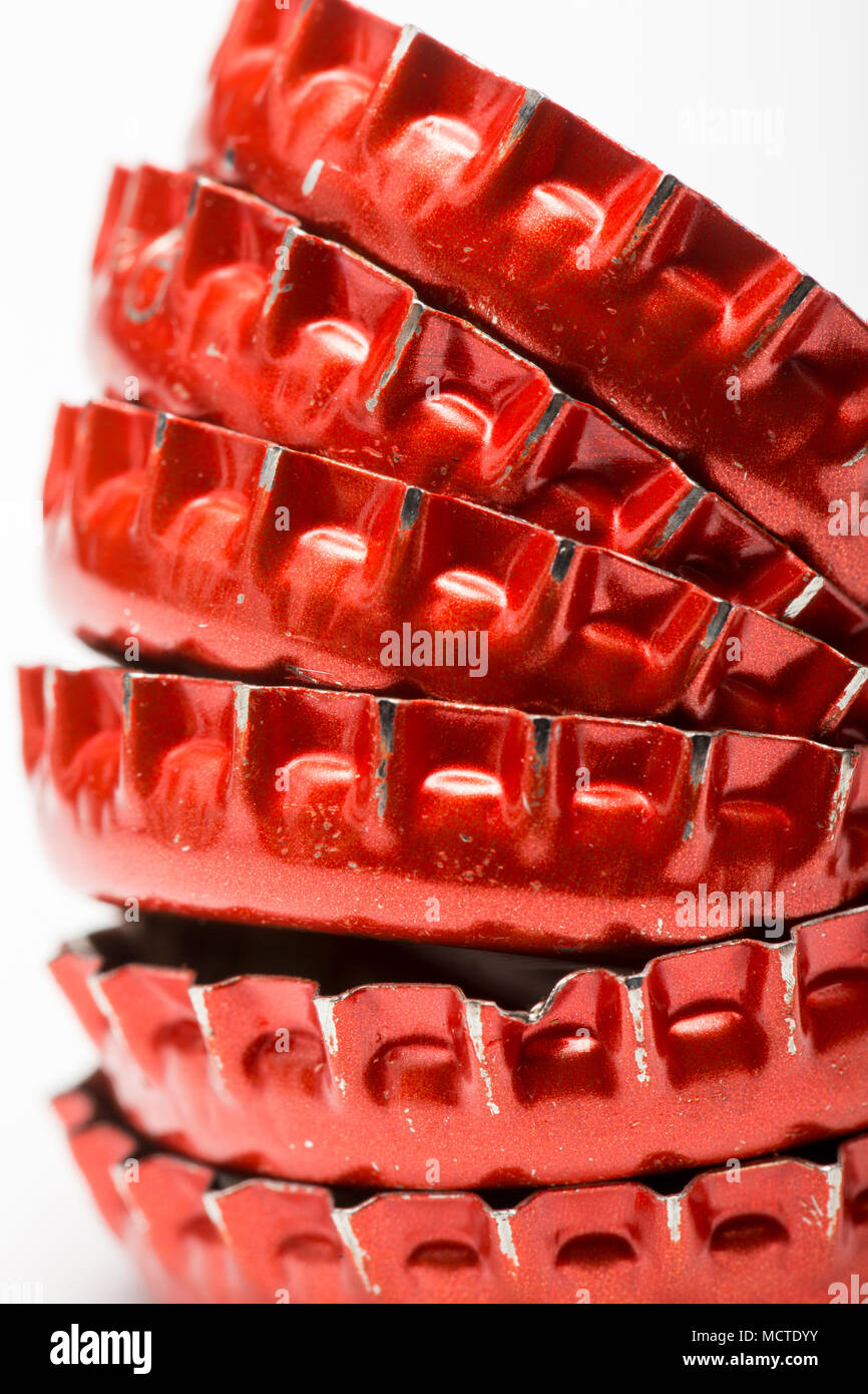 Sechs Bier Flasche Oberseiten. Großbritannien Stockfoto