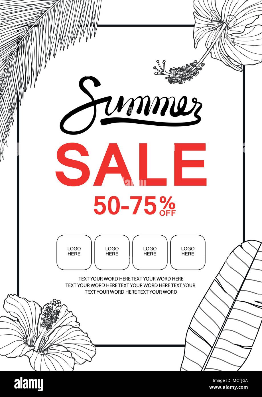 Plakat Oder Hintergrund Design Fur Verkauf Veranstaltung Im Einfachen Stil Mit Platz Fur Text Banner Vorlage Fur Summer Sale Mit Hibiskus Banana Leaf Und Kokosnuss Stock Vektorgrafik Alamy