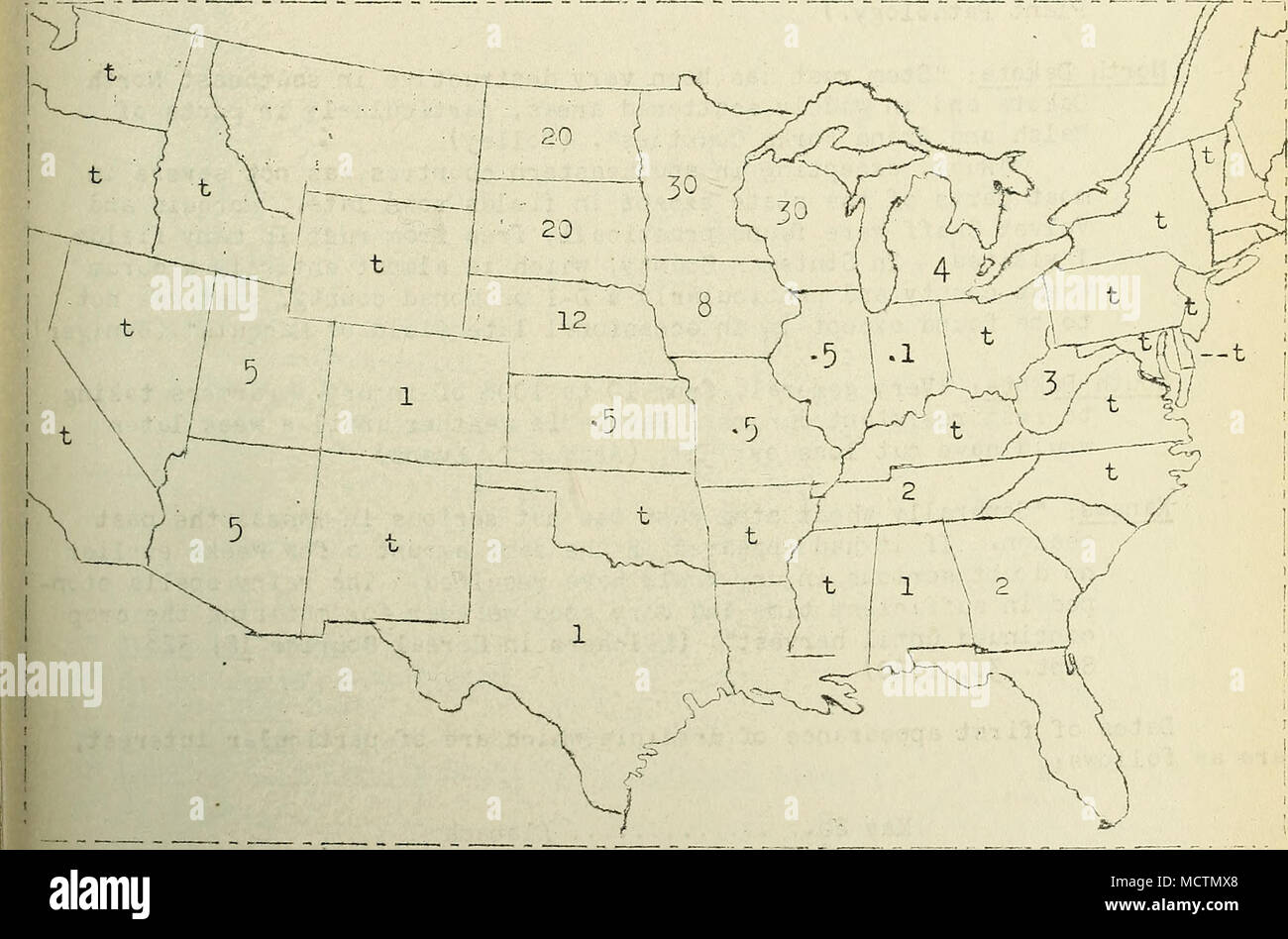 . Schwein. 24. Geschätzte prozentuale Reduzierung der Ertrag aus Stammzellen rost ATheat, 1920. Kommentare von besonderem Interesse über das Auftreten und den Schweregrad der Infektion sind wie folgt: Michigan: "Stammzellen Rost wahrscheinlich reduziert Winter Weizen durch die durchschnittliche j, mit Blatt Rost, allgemein geglaubt wurde unter 5% * häufige Fälle, wurden in die untere Stufe der Grafschaften, in denen Großschaden mit berberitze Pflanzen in der Nähe von Feldern zugeordnet wurde gefunden. In der Sommerweizen, die weitgehend in der oberen Halbinsel, Verlust von schwarz Stammzellen Rost ist war das Schlimmste in Jahren, Weizen in I Allgemeine, shrive Stockfoto