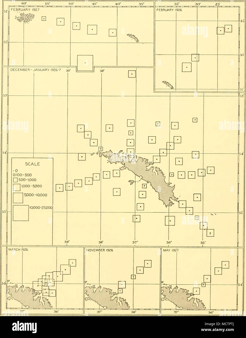 . Abb. 84. Diagramme zeigen die Verteilung der Oithona frigida in den oberen Schichten des Wassers an den Stationen in der 1926-7 Umfragen. Die Quadrate stellen die durchschnittliche Anzahl pro 50 m. vertikale Haul mit N 70-V-Netze von 250 m. (Oder weniger auf Flachwasser- Stationen) an die Oberfläche. Für hydrologische und Phytoplankton Bedingungen siehe Abbn. 2,6, 7, 8, 38, 39 und 41. Stockfoto