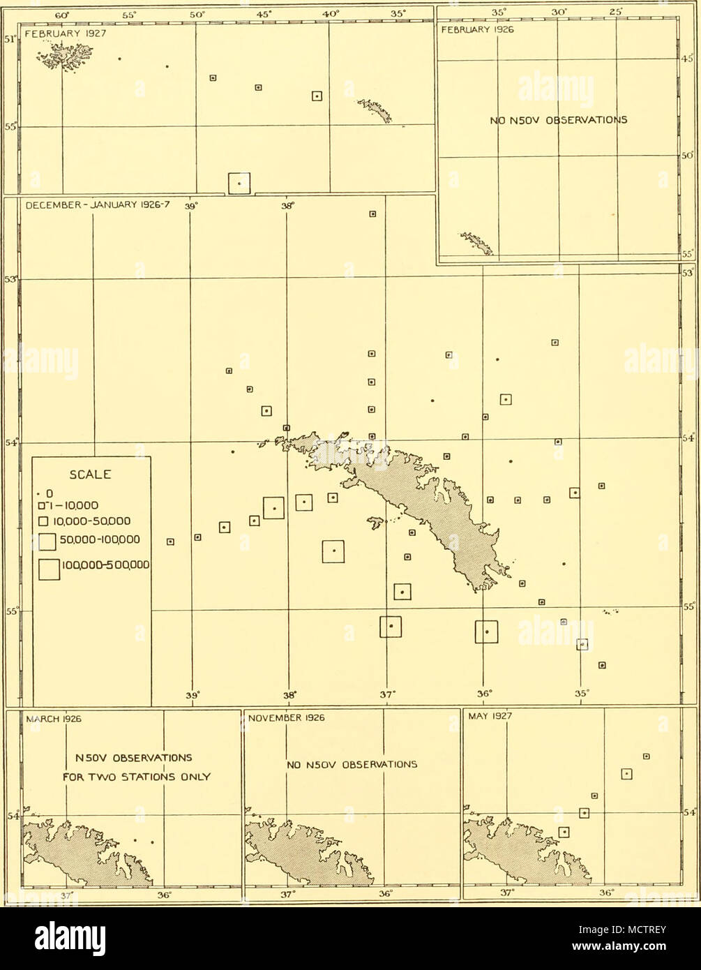 . Abb. 48. Tabelle, in der die Verteilung der Tintinnidae in den oberen Schichten des Wassers an den Stationen in der 1926-7 Umfragen. Die Quadrate stellen die durchschnittliche Anzahl pro vertikales Ziehen mit dem N50 V-net von 100-0 m. Für hydrologische und Phytoplankton Bedingungen siehe Abbn. 2, 6, 7, 8, 38, 39 und 41. Stockfoto