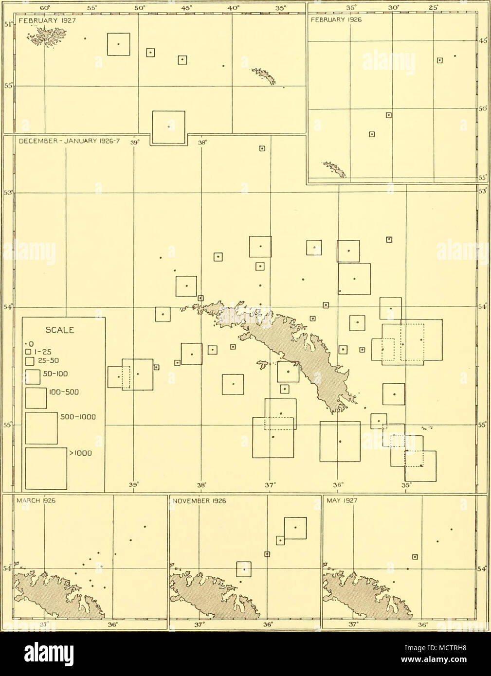 . Abb. 42. Diagramme zeigen die Verteilung der Foraminiferen in den oberen Schichten des Wassers an den Stationen in der 1926-7 Umfragen. Die Quadrate stellen die durchschnittliche Anzahl pro 50 m. vertikale Haul mit N 70-V-Netze von 250 m. (Oder weniger auf Flachwasser- Stationen) an die Oberfläche. Für hydrologische und Phytoplankton Bedingungen siehe Abbn. 2, 6, 7, 8, 38, 39 und 41. Stockfoto