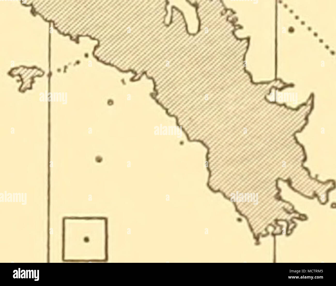 . U a G J Abb. 27. Verteilung der Chaetoceros schimperianus runde South Georgia im Dezember-januar 1926-7 Umfrage. Der Platz mit einem Stern repräsentiert einen Wert von 410.000. Für eine vollständige Erläuterung siehe Legende der Fig. 16. Ch.tortissimus, Gran, wurde in dem kleinen Zahlen an nur eine Station im Osten der Insel aufgezeichnet: WS 112. Biddulphia. Zwei Arten wurden aufgezeichnet. B. striata, Karsten, war rund South Georgia im Dezember-januar Umfrage gefunden in 1926-7 und verteilt wurde sowohl im Wasser der Weddellmeer und Bellingshausen Meer. Den Vertrieb und die Zahlen sind in der Anlage I und Abb. 29. Stockfoto