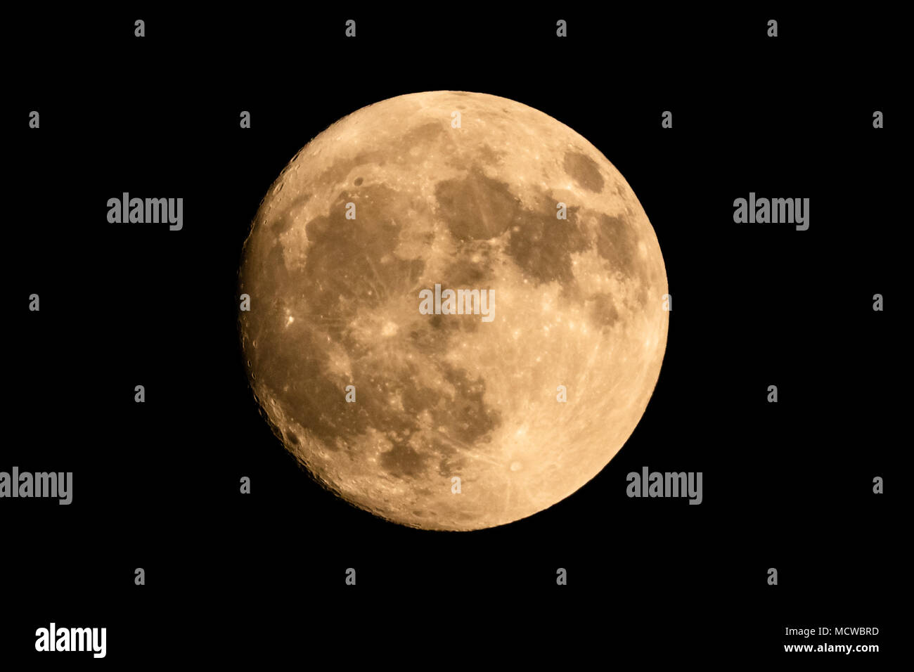 Nahaufnahme eines großen strahlenden Vollmond gegen den dunklen Hintergrund Stockfoto