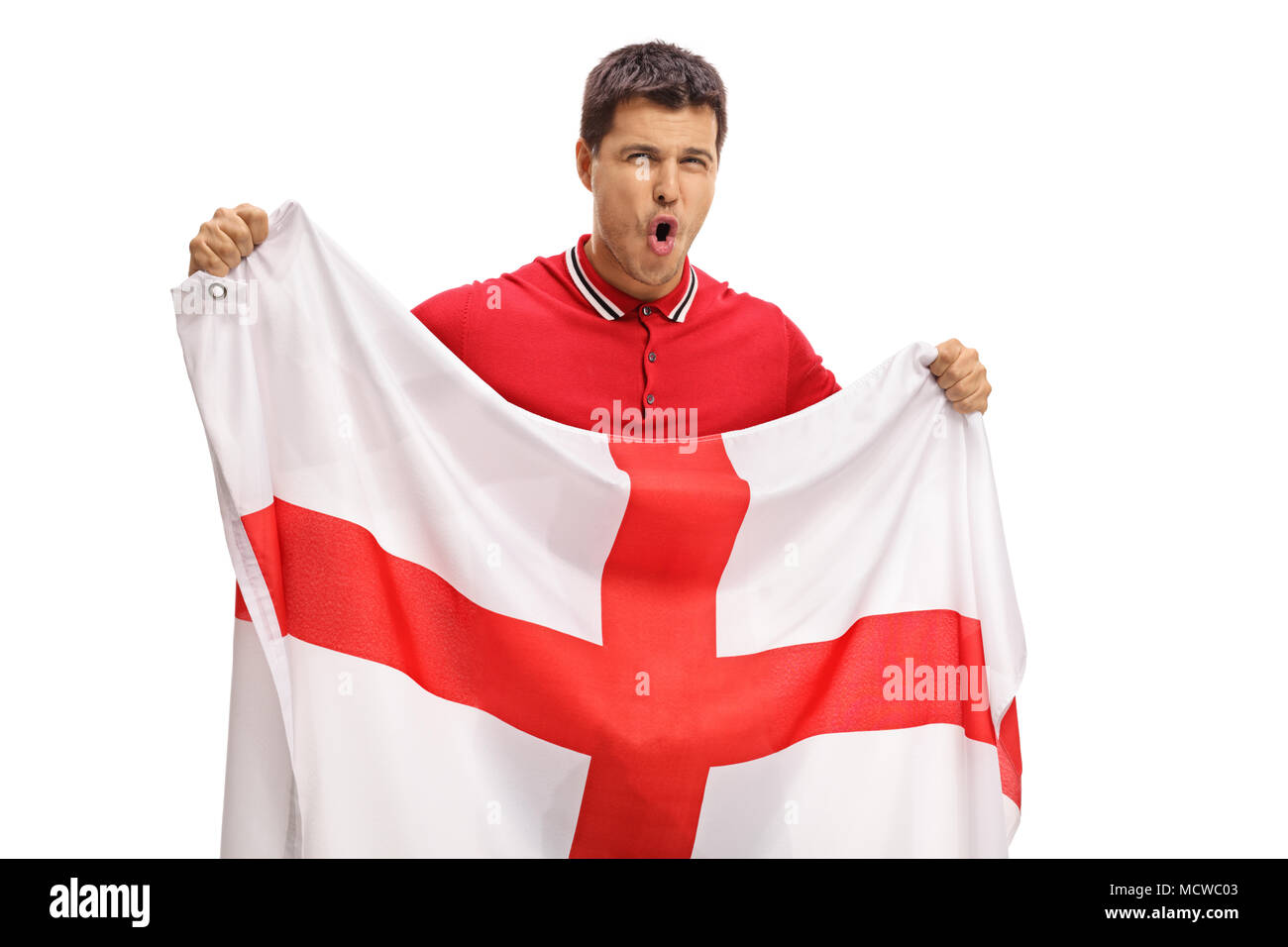 Euphorischer Fußballfan Holding eine Englische Flagge auf weißem Hintergrund Stockfoto