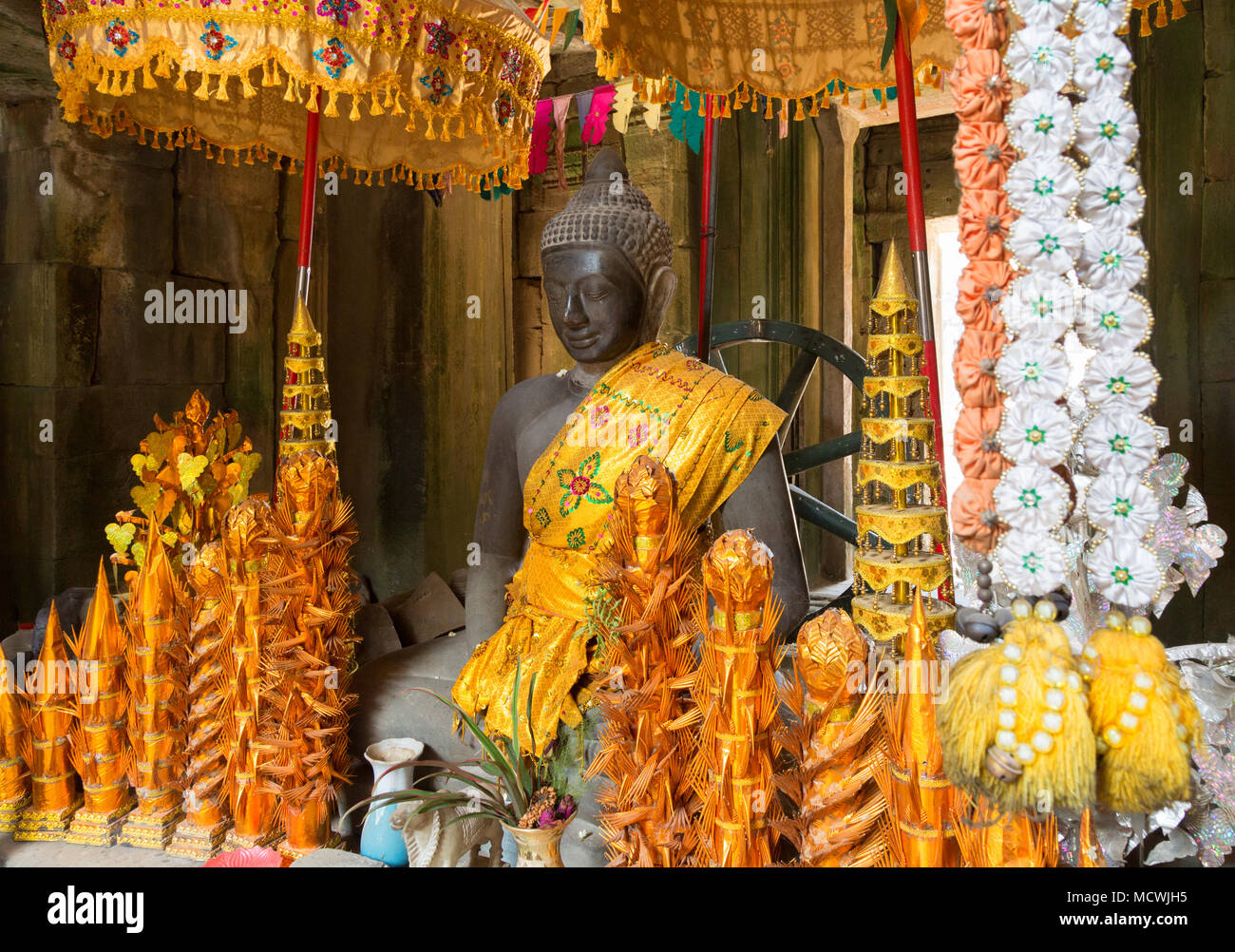 Buddhistische Heiligtum, Banteay Kdei Tempel, Angkor, Siem Reap, Kambodscha Südostasien Stockfoto