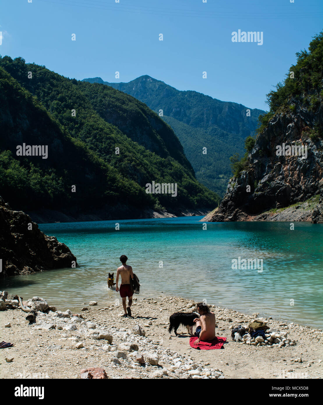 Zwei junge Männer und zwei Hunde an einem See in den Bergen in der Nähe von einem Lagerfeuer Stockfoto