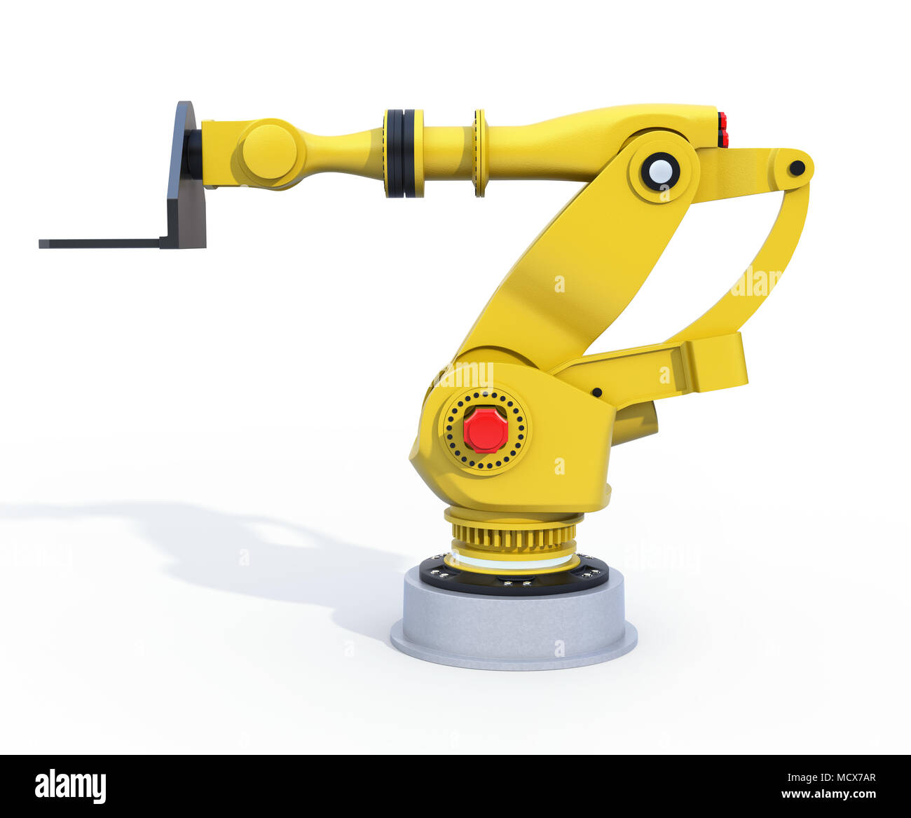 Gelbe heavyweight Roboterarm auf weißem Hintergrund. 3D-Bild. Stockfoto
