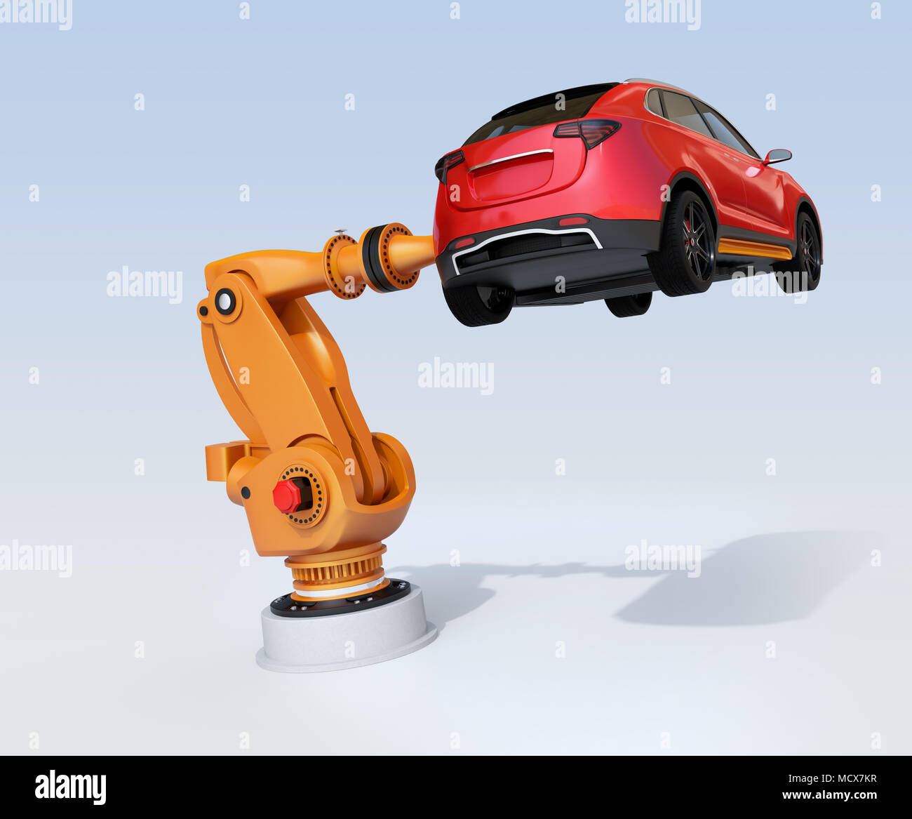 Gelbe heavyweight Roboterarm liefern weißes SUV auf hellblauem Hintergrund. 3D-Bild. Stockfoto