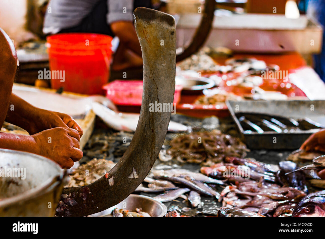 Fischer schneiden von Fisch auf einem ständigen Blade boti in der indischen Fischmarkt in Kolkata Stockfoto