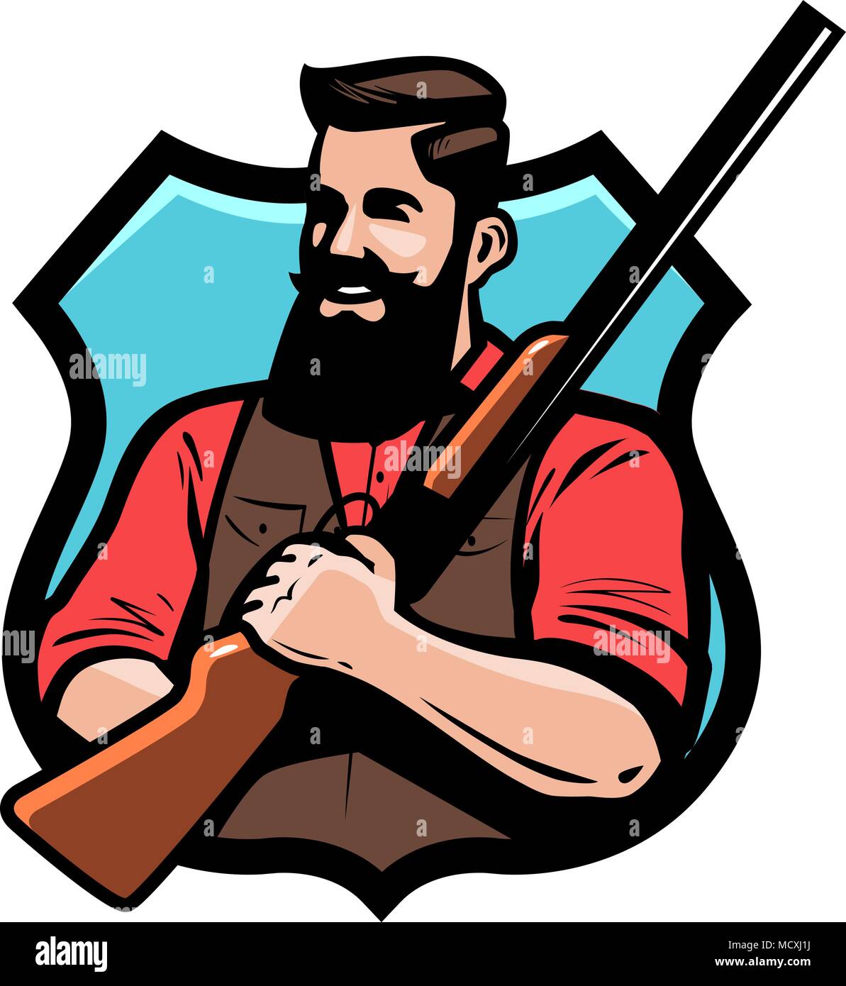 Jäger hält Schrotflinte in der Hand. Gun Shop, Jagd, Jagd Konzept. Cartoon Vektor Stock Vektor