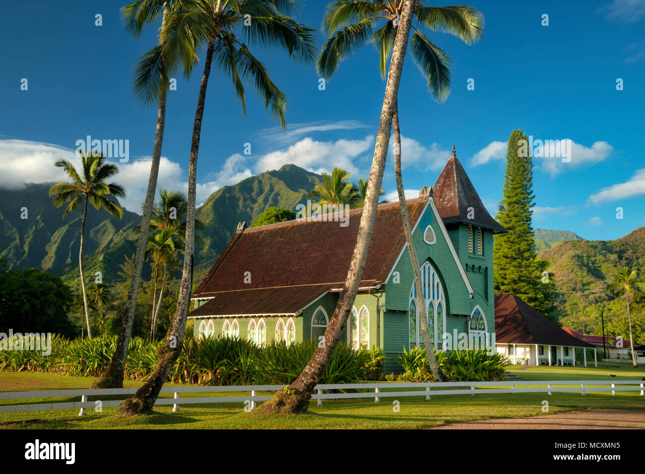 Wai'oli Hui'ia Kirche "ich ka Poli o Hanalei - im Herzen von Hanalei, Kauai, Hawaii Stockfoto
