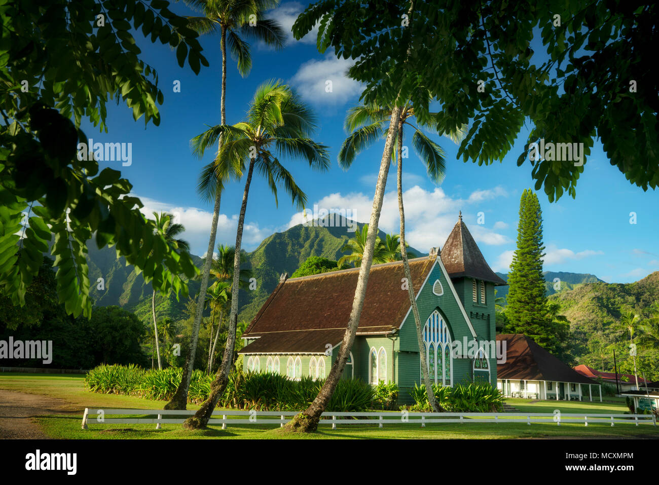 Wai'oli Hui'ia Kirche "ich ka Poli o Hanalei - im Herzen von Hanalei, Kauai, Hawaii Stockfoto