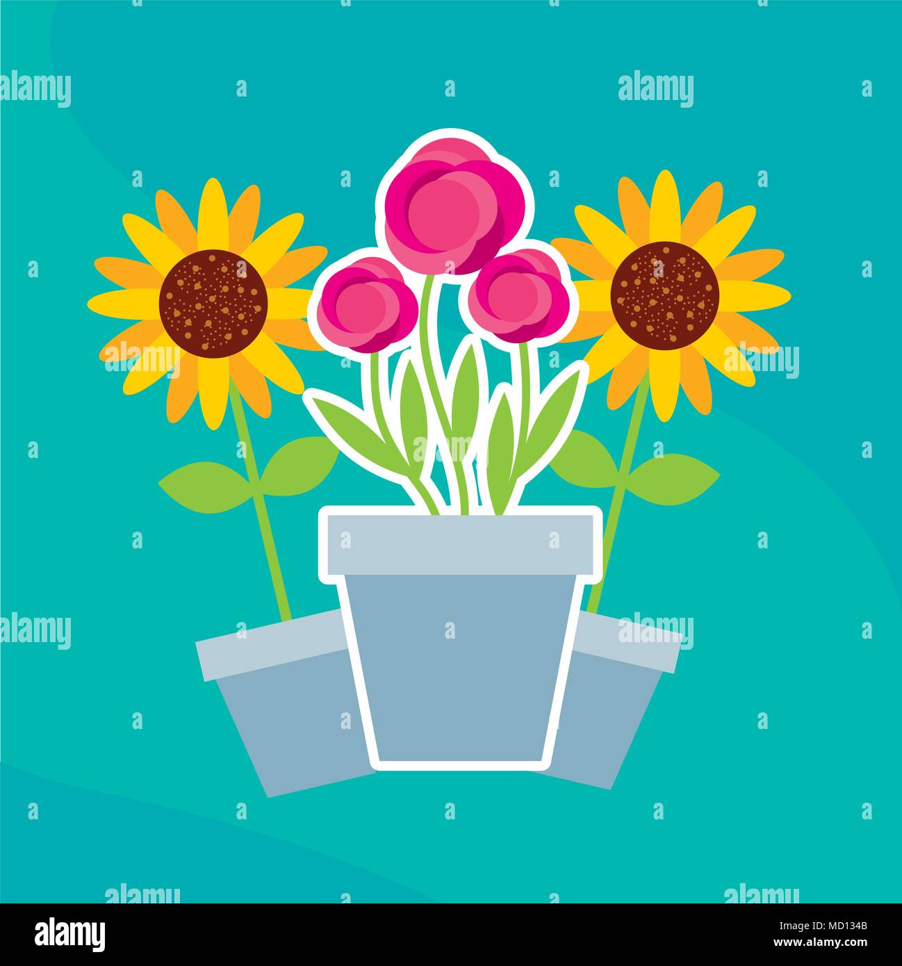 Blumen Rosen und Sonnenblumen im Topf Garten Stock Vektor