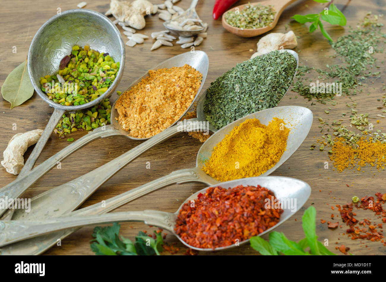 Verschiedene Gewürze im Löffel auf dem hölzernen Tisch, pulverisierte rote Pfeffer, Minze, zahter, Erdnuß, Kreuzkümmel, Ingwer Stockfoto