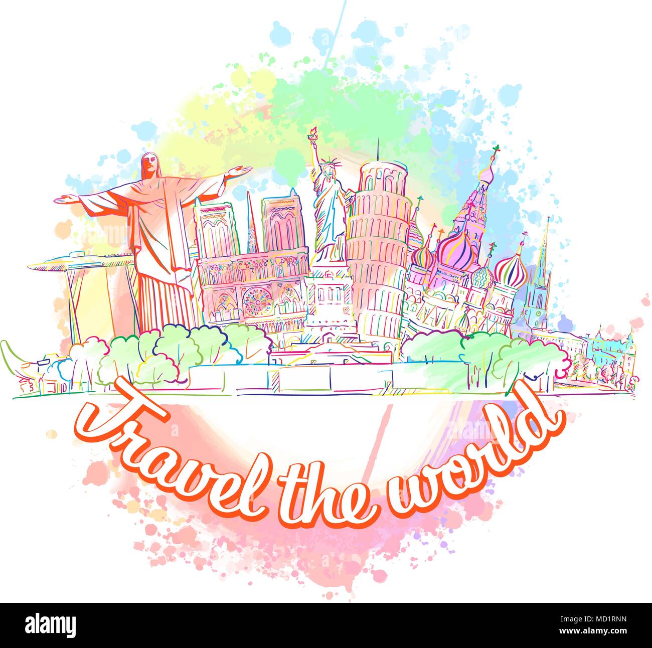 Reisen Sie um die Welt. Satz mit Skyline. Hand Vector Illustration gezeichnet. Travel Concept für digitales Marketing und Postern. Stock Vektor