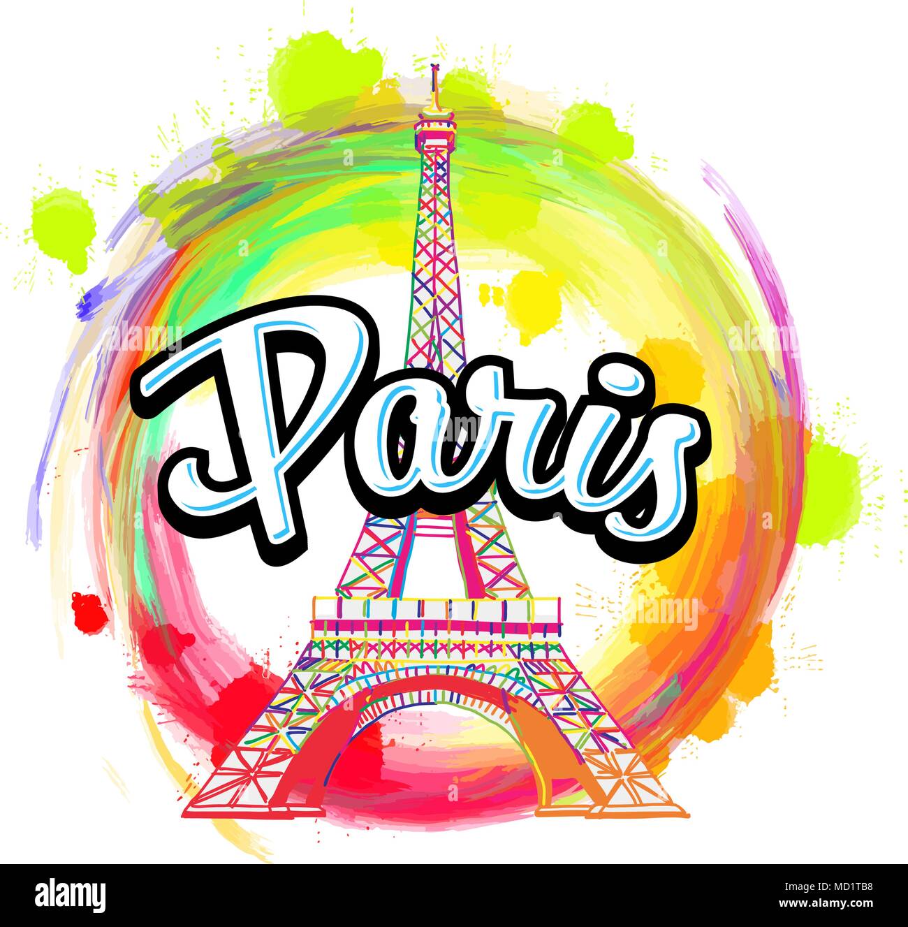 Paris Eiffel Tower Zeichnung mit Schlagzeile. Hand skyline Abbildung gezeichnet. Reisen die Welt Konzept Vektor Bild für digitales Marketing und Poster Prin Stock Vektor