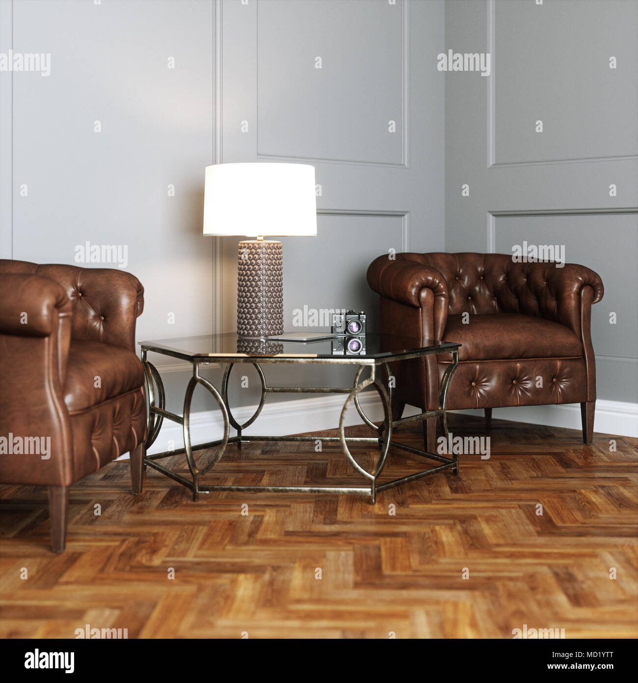 Leder vintage Möbeln im klassischen Interieur mit Parkett 3D-Rendering Stockfoto