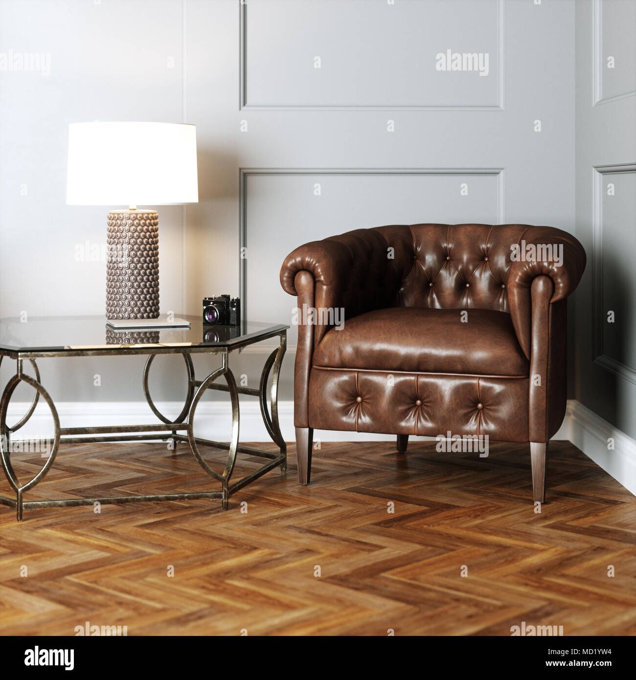 Leder vintage Möbeln im klassischen Interieur mit Parkett 3D-Rendering Stockfoto
