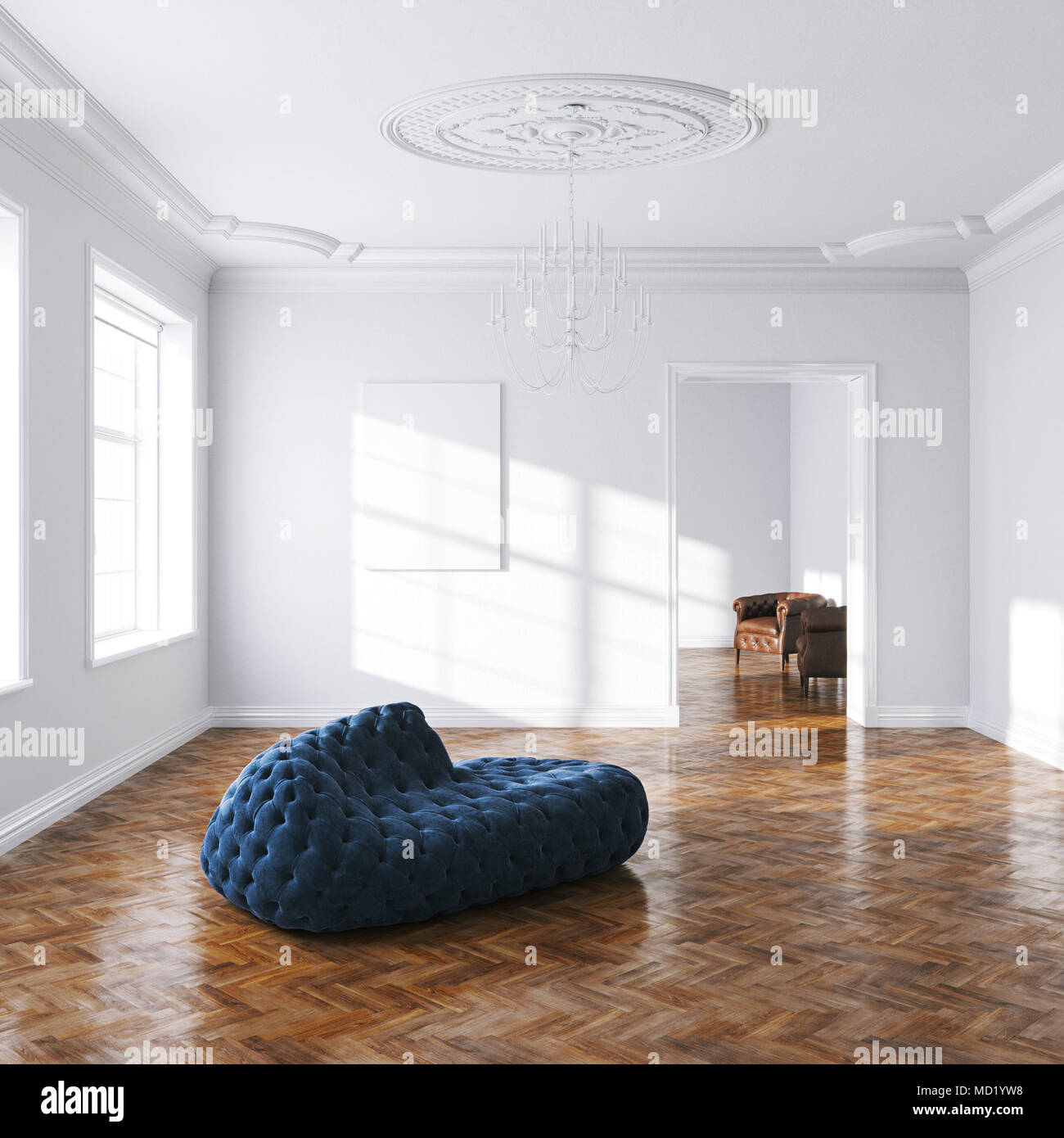 Vintage Blue Velvet Sofa in Weiß klassisches Interieur 3D-Rendering Stockfoto