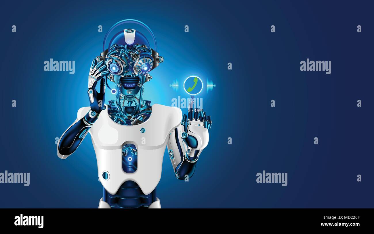 Roboter Kopf mit Headset. Roboter empfängt den Anruf. Der Bot sprechen Sie mit Kunden am Telefon oder Chat. Web sait Assistant. Automatisches Call Center. Futuristisches Konzept. Stock Vektor