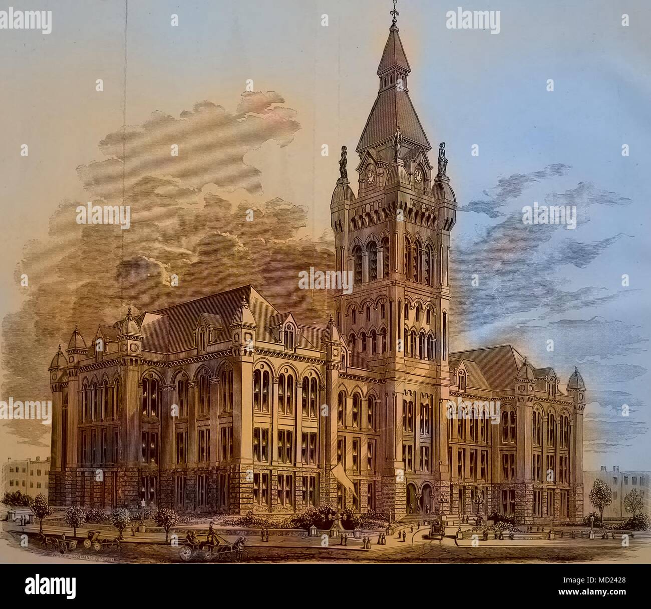 Gravur der Rathaus Gebäude, Buffalo, New York, 1876. Mit freundlicher Genehmigung Internet Archive. Hinweis: Das Bild hat digital über ein modernes Prozess eingefärbt worden. Farben möglicherweise nicht sein - genau. () Stockfoto