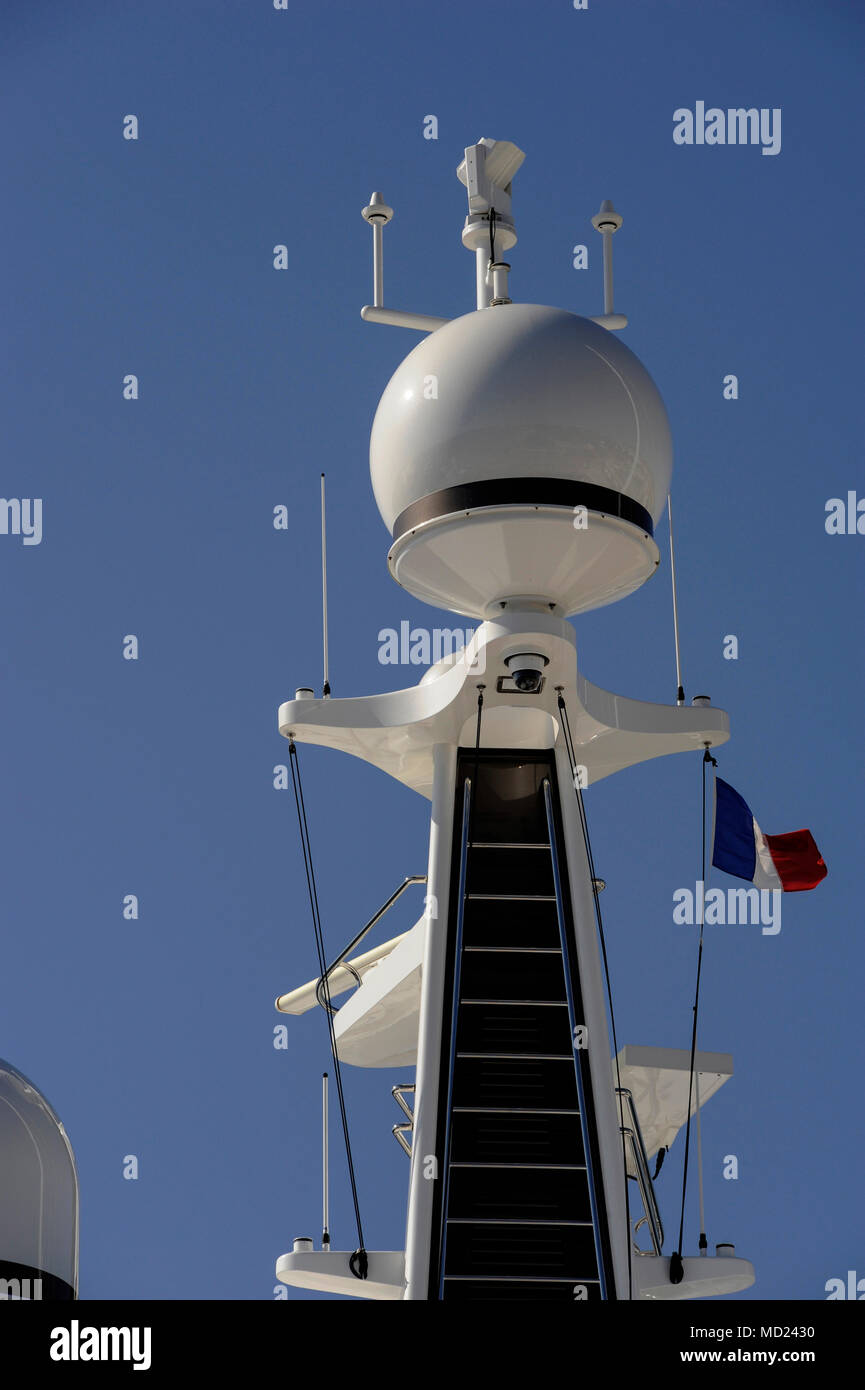 Yachten und SUPERYACHTEN ANTENNENMAST - SATELLITEN KUPPELN - BOOTE RADAR - GPS-Navigation - NAVIGATIONSSYSTEM - YACHTEN CANNES FRANKREICH © F. BEAUMONT Stockfoto