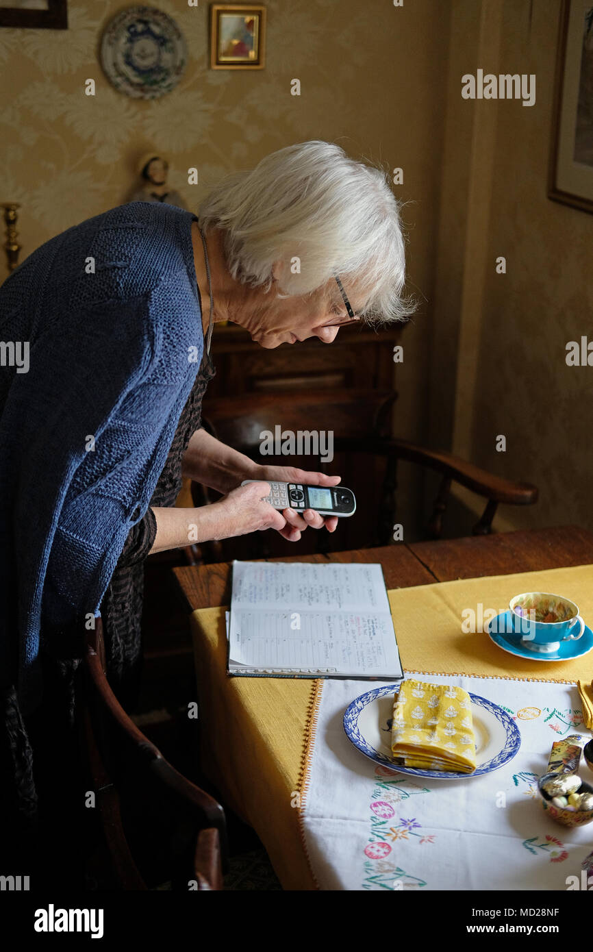 Eine pensionierte Dame am Telefon zu sprechen. Stockfoto