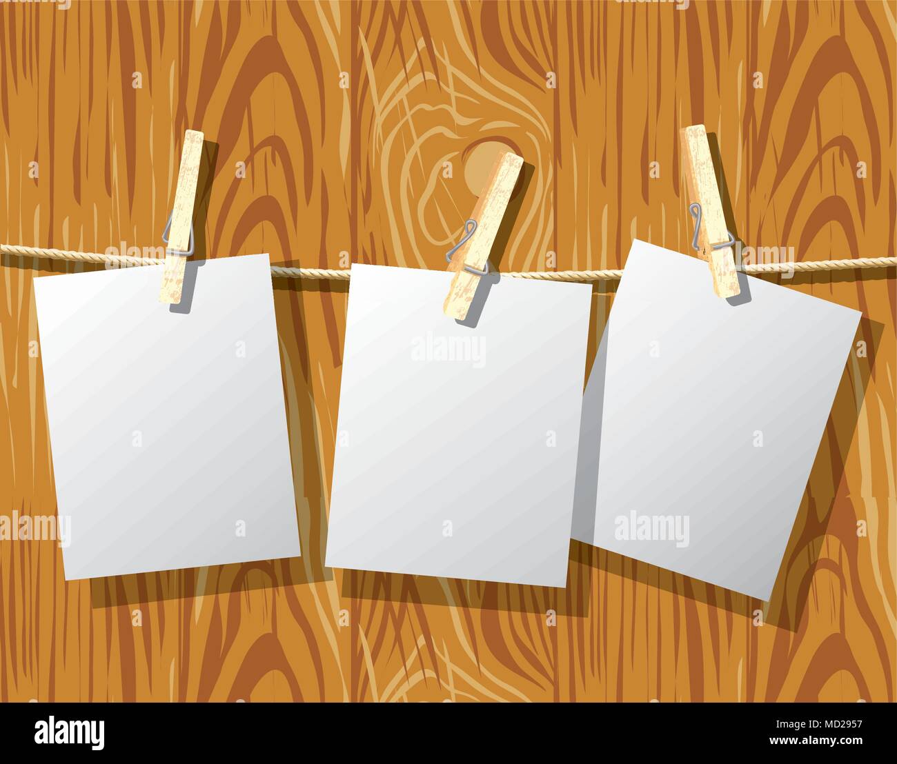 Mockup Seil Wäscheklammern und Holz Wand Hintergrund Stock Vektor