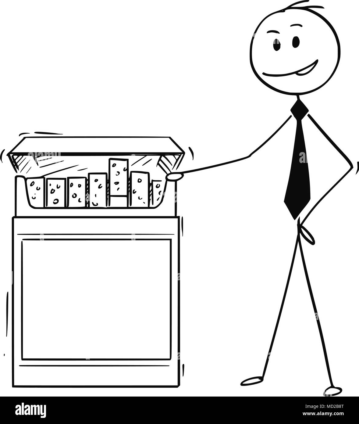 Cartoon des Kaufmanns Holding Big Box oder Packung Zigaretten Stock Vektor