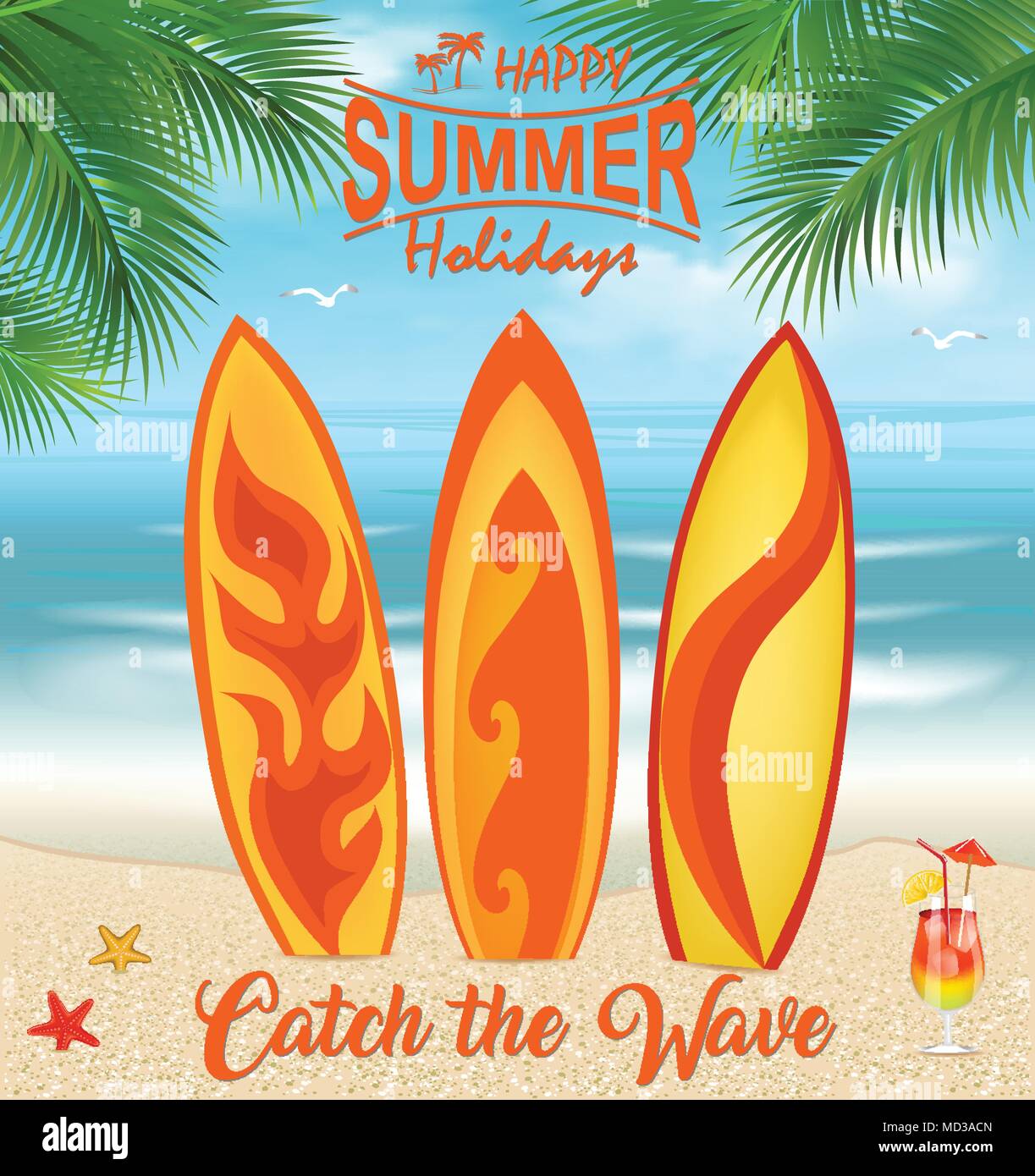 Surfbretter auf tropischen Strand mit Palmen. Surfbretter Hintergrund. Sommer Urlaub. Urlaub, Reise und Ferien Stock Vektor