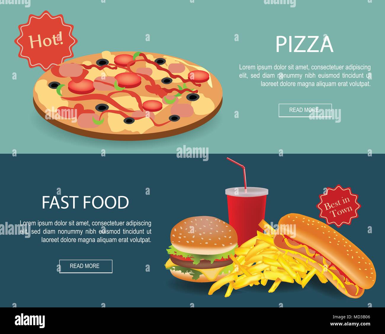 Fast Food Banner ist. Website header für Restaurant. Fast Food und Pizza Konzept Banner. Fast Food-DECKBLATT eingestellt werden Stock Vektor