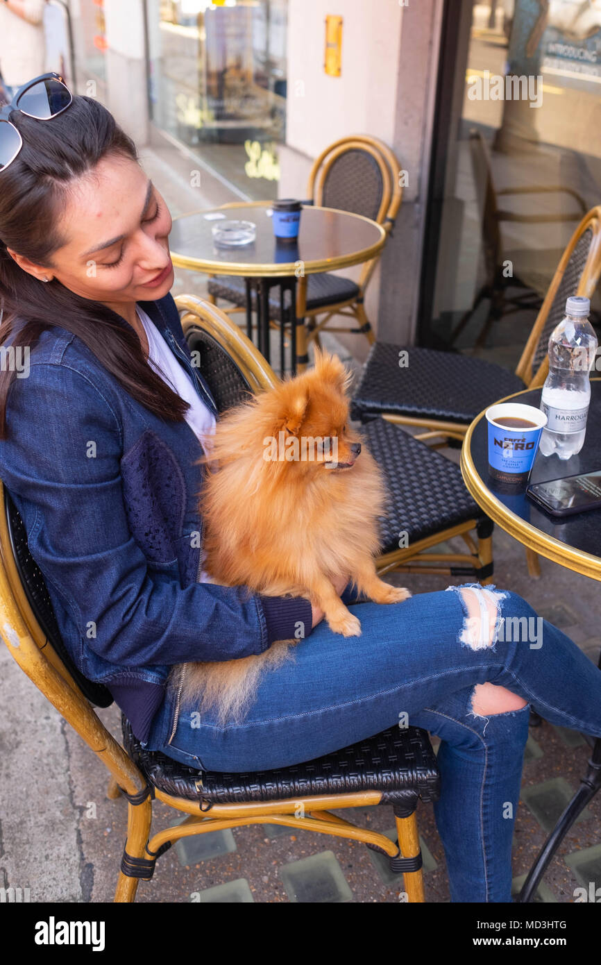 London, Großbritannien. 18. April 2018. UK Wetter: heißesten Tag in London dieses Jahr Mittwoch, den 18. April 2018 eine junge Frau und ihre pomeranian Hund einen Kaffee genießen. Quelle: Tim Ring/Alamy leben Nachrichten Stockfoto