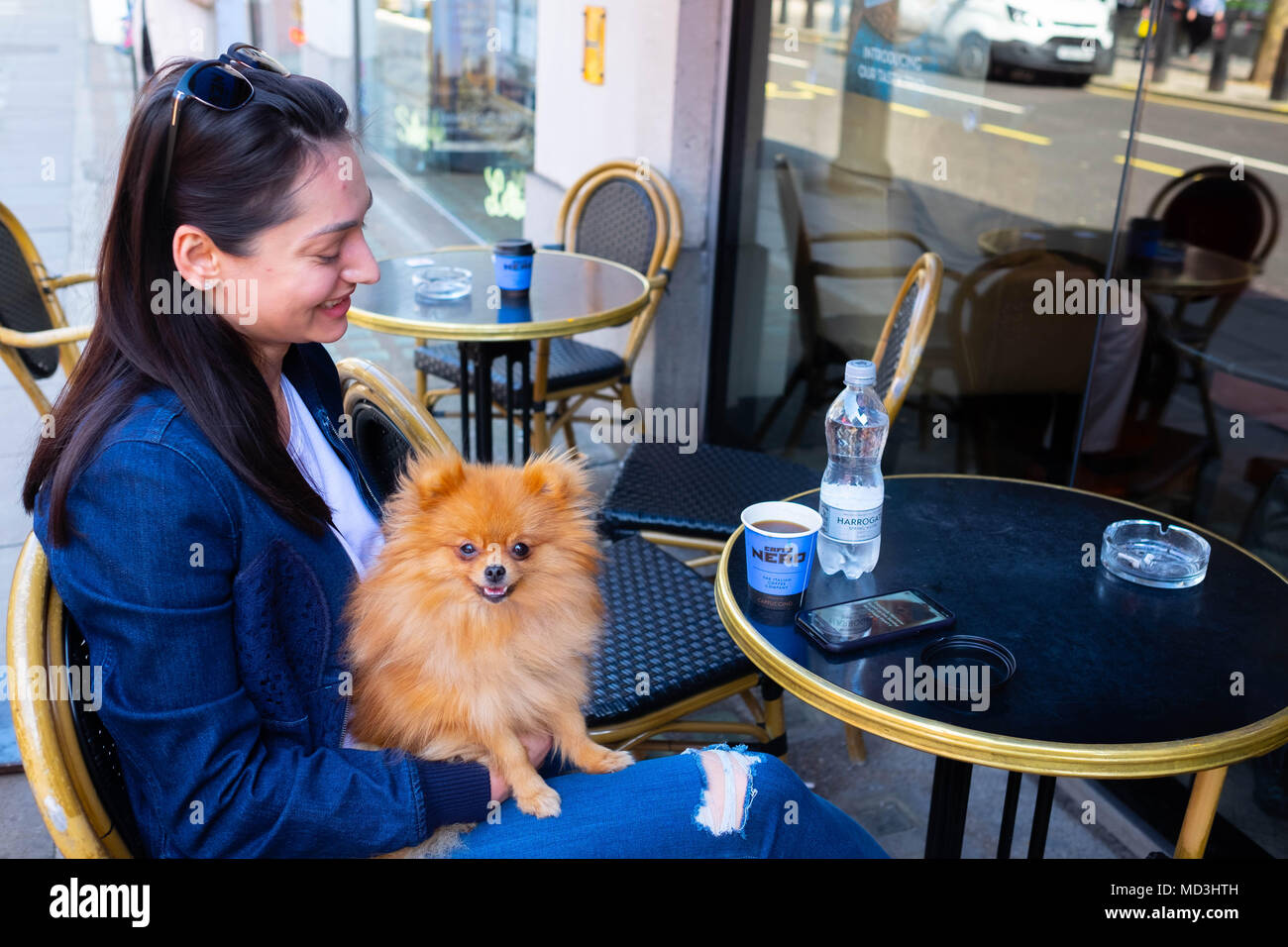 London, Großbritannien. 18. April 2018. UK Wetter: heißesten Tag in London dieses Jahr Mittwoch, den 18. April 2018 eine junge Frau und ihre pomeranian Hund einen Kaffee genießen. Quelle: Tim Ring/Alamy leben Nachrichten Stockfoto